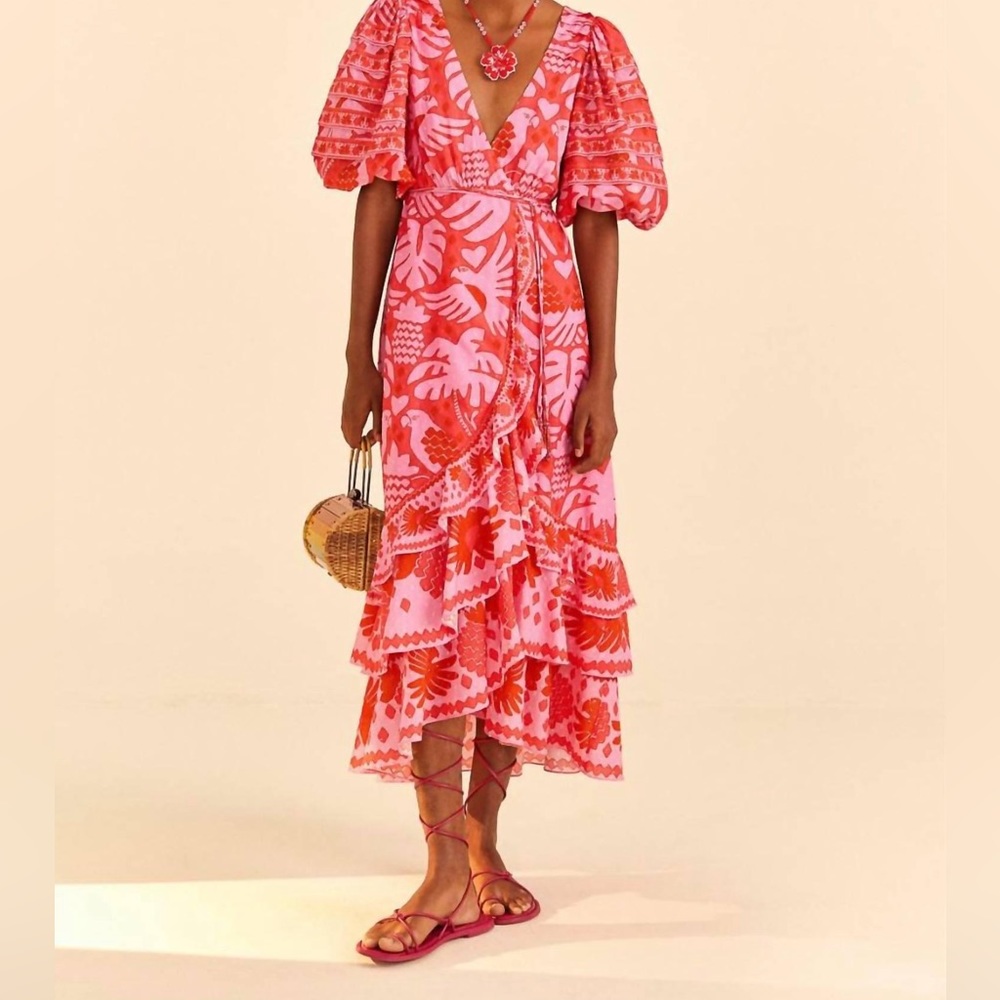 Farm Rio Red Jungle Scarf Wrap Midi Dress XS